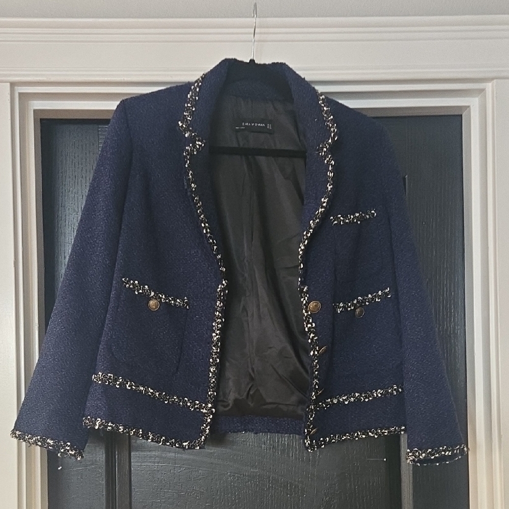 Zara Woman Navy Blue Tweed Boucle Blazer Lady Jacket Size Medium - Picture 2 of 13